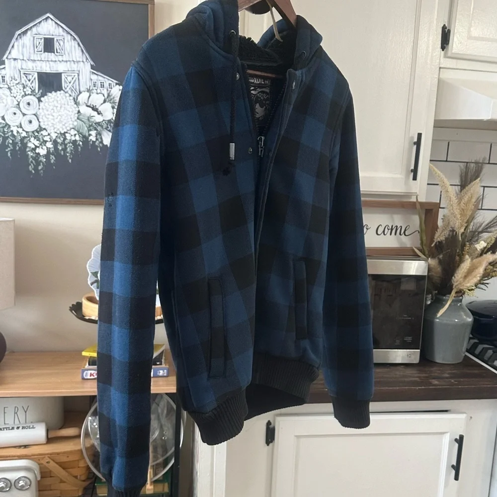 Vintage XDYE 90s Boys Blue Black Buffalo Plaid Hooded Zip Jacket Heavy Sz Small